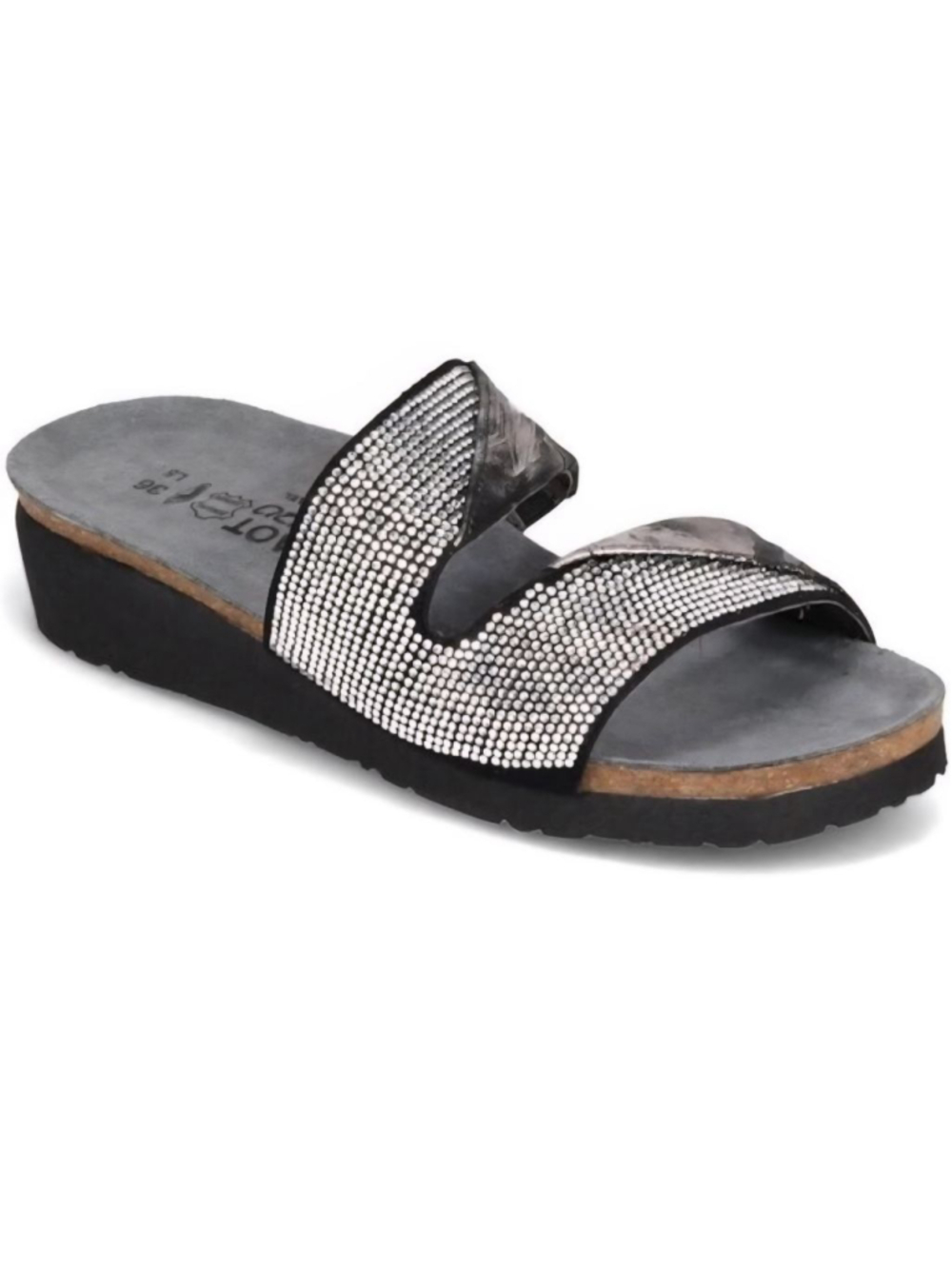 NAOT Mila Silver Gold Rhinestone Embellished Wedge Slide Sandals NEW Size 36 5